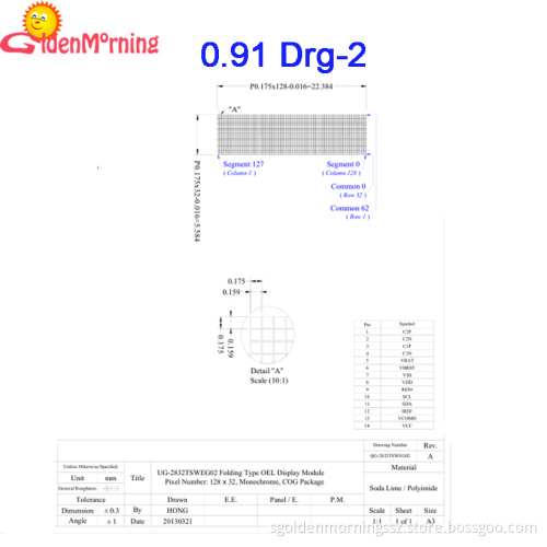 0.91" OLED display , 128 x 32 px resolution, blue characters in black background, 15-pin